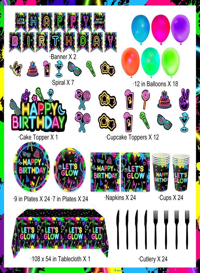 LINHAXM 184 Pcs Neon Party Decorations - Glow in the Dark Party Supplies - Plates, Napkins, Cups, Banner, Hanging Swirls, Tablecloth, Balloons, Toppers for Neon Birthday Party Decorations, Serves 24 - Image 2